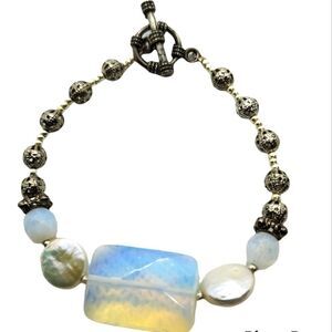 Moonstone, Coin Pearl, & Silver Colored Beaded Bracelet